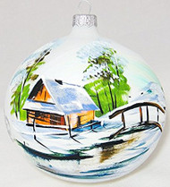 Large Unique Handmade Christmas Bauble glass ornament WINTER SCENERY - white, 4.7 in (12 cm)