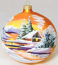 Large Unique Handmade Christmas Ball glass ornament WINTER SCENERY - gold, 4.7 in (12 cm)