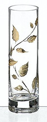 Elegant Hand Blown Clear Glass Vase with Golden Painted Leaves, 7.7 in