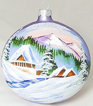 Large Unique Handmade Christmas Bauble painted glass ornament MOUNTAIN HUTS - light violet, diameter 12 cm