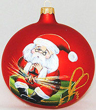 Large Unique Handmade Christmas Bauble painted glass ornament SANTA WITH LANTERN - red, diameter 12 cm