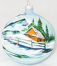 Large Unique Handmade Christmas Bauble glass ornament WINTER SCENERY - blue, diameter 12 cm