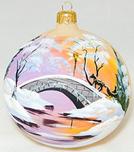 Large Unique Handmade Christmas Bauble glass ornament WINTER SCENERY - ecru, diameter 12 cm