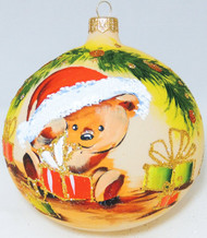 Large Unique Handmade Christmas Bauble painted glass ornament TEDDY BEAR WITH GIFTS - ecru, diameter 12 cm
