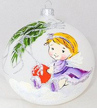 Large Unique Handmade Christmas Bauble painted glass ornament ANGEL WITH BAUBLE - white, diameter 12 cm