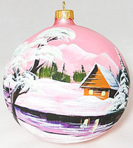 Large Unique Handmade Christmas Bauble glass ornament WINTER SCENERY - pink, diameter 12 cm