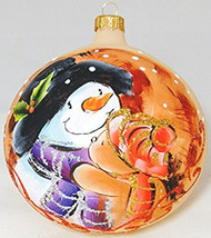 Large Unique Handmade Christmas Bauble painted glass ornament SNOWMAN - ecru, diameter 12 cm