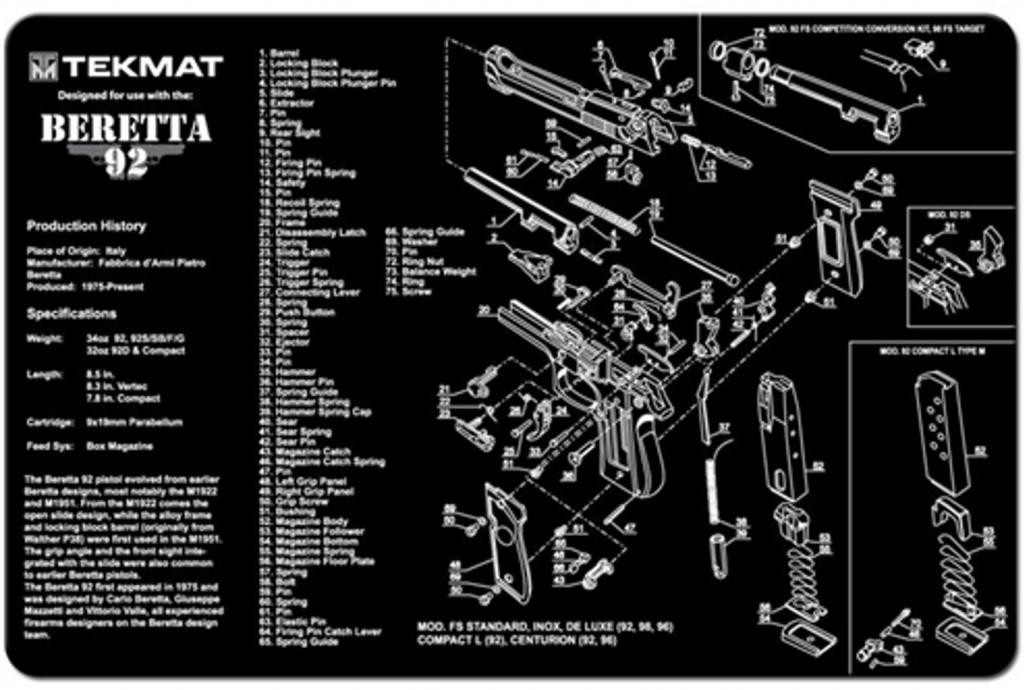 TekMat Beretta 92-M9 Gun Cleaning-Bench Mat With Exploded Parts