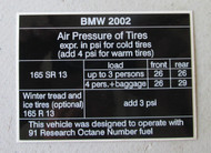 BMW 2002 Air Pressure of Tires Sticker 1968-1976
