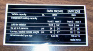 BMW 1600-02 2002 Vehicle Capacity Sticker 1966-1976