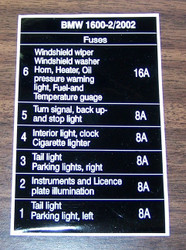 BMW 1600-2 2002 6-Place Fuses Sticker