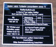 BMW 1600ti 2002 2002ti Tire Pressure Sticker