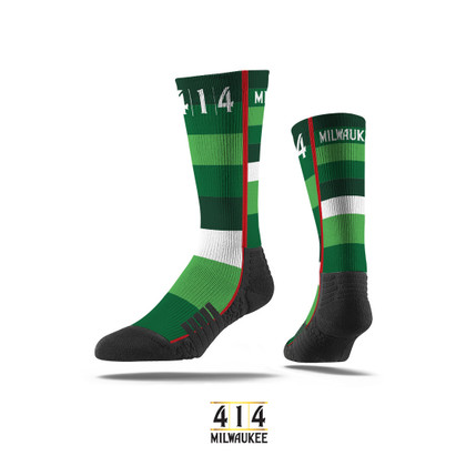 Proud to partner with Strideline socks to present the 414 Irish Rainbow Socks. This is a tribute to the proud history of the Milwaukee Bucks. The Irish rainbow is a retro design feature running up and down the sides of the home and away uniform of the 1980s. Be proud of the city of Milwaukee and its basketball team.These dudes are the cutting edge in footwear socks. With sweat wicking technology these 414 socks with diamond shape pattern are enhanced to keep your feet dry in the most extreme sweating conditions. 
