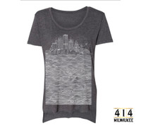 Charcoal grey Milwaukee skyline t-shirt featuring US Bank, NM Tower, Fiserv Forum, UW-Milwaukee Panther Arena, Mitchel Park Domes, Milwaukee Art Museum, 100 East Building, Milwaukee Center, Gas Light Building, Quarels and Brady tower, Rockwell, Allen Bradley, Polish Moon, and Discovery World. Tri-blend shirt vintage soft unisex t-shirt.  3.5 oz., 65% Poly/ 35% Combed Ring-Spun Cotton, 40 single. 1x1 baby rib. Hemmed sleeve. Side seamed. Raw edge, exaggerated tail drop hem.