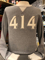 The 414 crew sweatshirt. Sueded fleece with wool embroidered 414 numbers on the front. 8.5 oz., 80/20 ringspun cotton/polyester. 3-end 100% cotton fleece face. Triple-needle stitching throughout. Natural woven twill back neck display. 2x2 rib collar, cuffs, waistband and v-notch. Forward shoulders. Relaxed waistband. Small shown here.