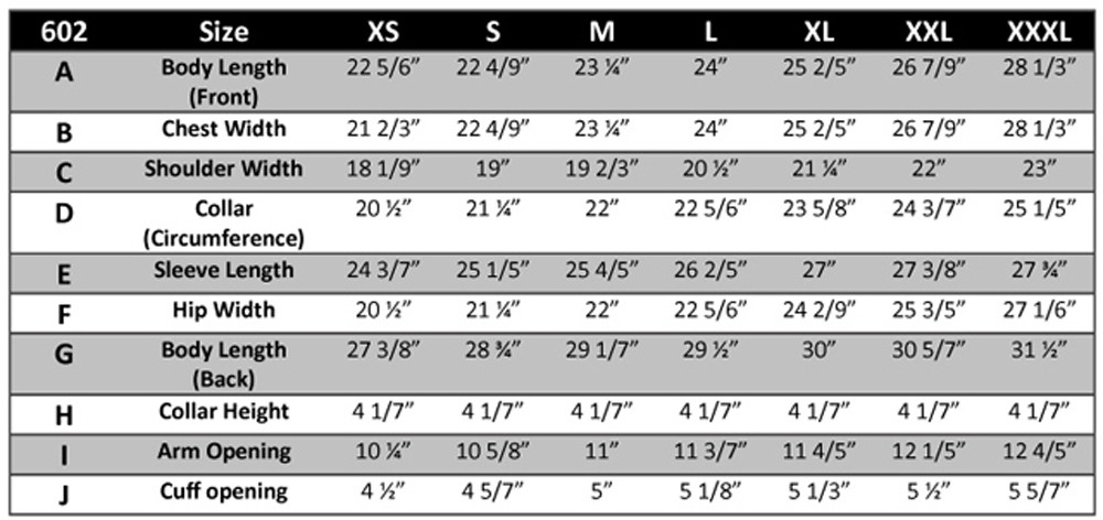 Condor Jacket Size Chart