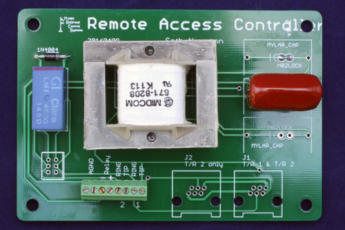 Remote Access Controller/Universal Transformer Board equipped with Midcom transformer. This transformer can terminate (hold a phone line off hook) and couple to a dispatcher's train line, such as an EBF31A