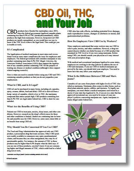 Workplace Wellness handout tip sheet on CBD Oil risk of a positive drug test