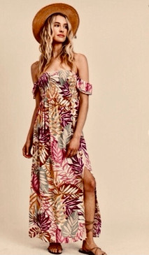   Tropicali !-Off Shoulder Cut Out Smocked Dress
-Side cut outs
-Side slit detail 
-Maxi length 100% rayon sizes S M L We recommend size up unless you are a Small! Scroll through to see true color on me!