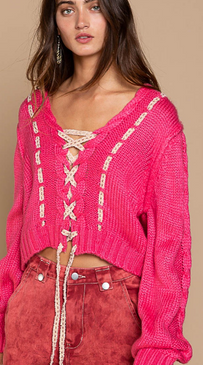POL brand Pink tweed woven ribbon V-neckline sweater top, clean hemline, oversized fit. featured in acrylic sweater
