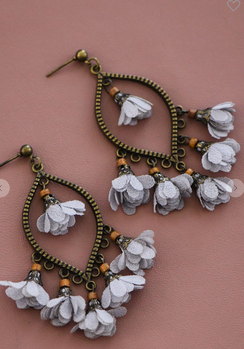 Boho Gray Floral Dangle Earrings 1.6"x2.7" post.