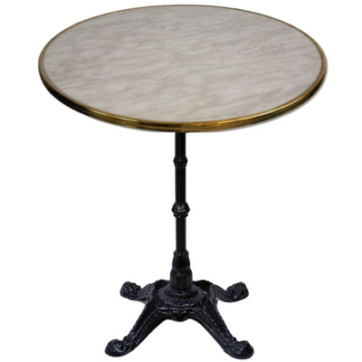 Paris cafe table with traditional cast iron base and marble look top.