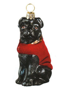 DIVA DOG Black Pug in Red Velvet Coat - Joy To The World Ornament