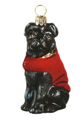 DIVA DOG Black Pug in Red Velvet Coat - Joy To The World Ornament