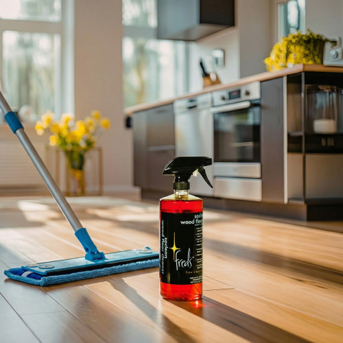 Fred’s Wood Floor Cleaner bottle with mop on hardwood in modern kitchen.