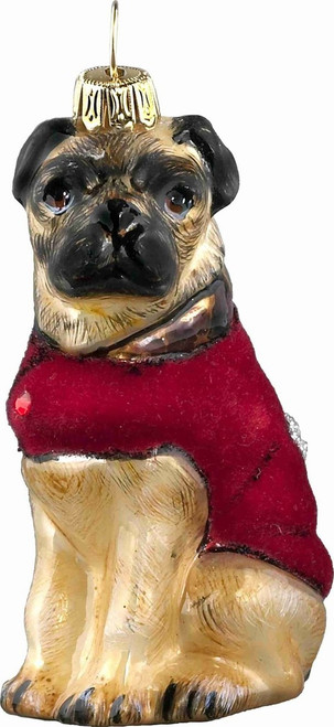 DIVA DOG Pug in Red Velvet Coat - Joy To The World Ornament