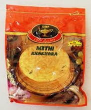 Round, verythin, crispy in texture commonly eaten during in the morning with breakfast.They are made with wheat, oil and salt.This variety is flavored with  methi also known as dry fenugreek leaves.They have a slightly bitter taste. Comes in a vaccum sealed pack with masala spice packet for  sprinkling on Khakhara.