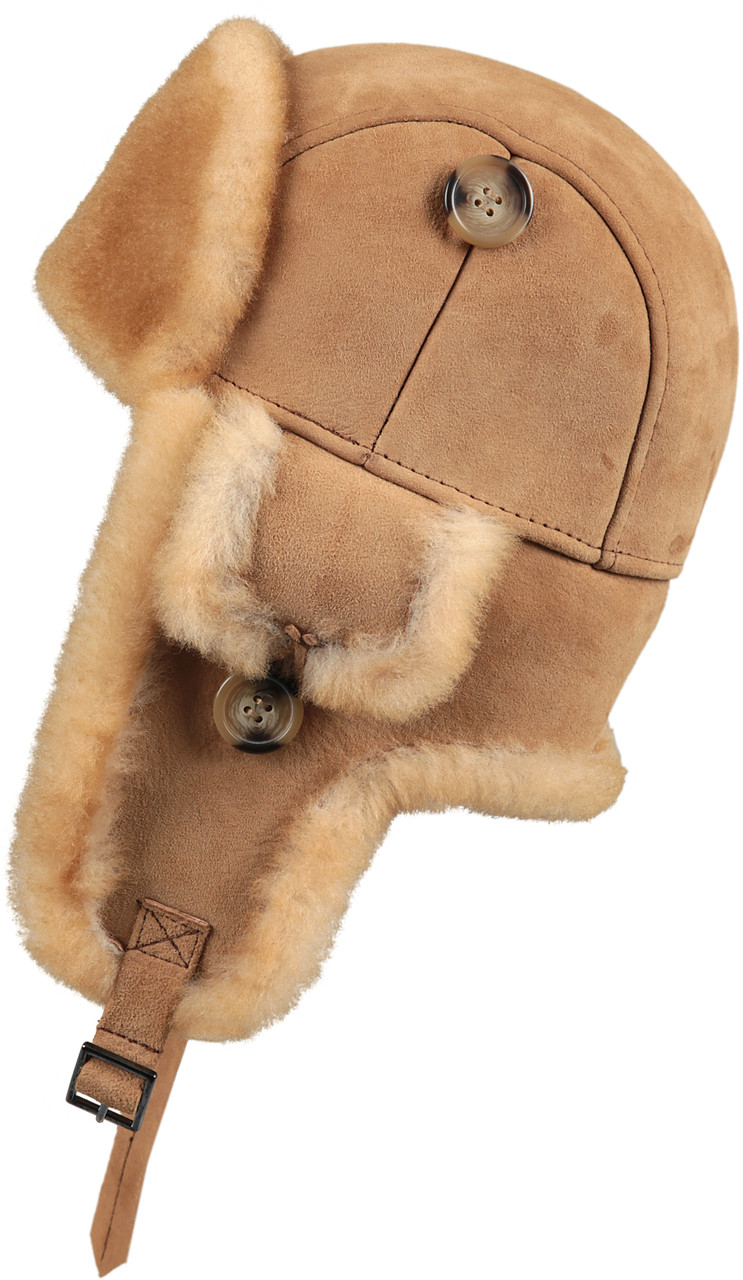 Genuine Shearling Sheepskin Aviator Winter Fur Hat Tan