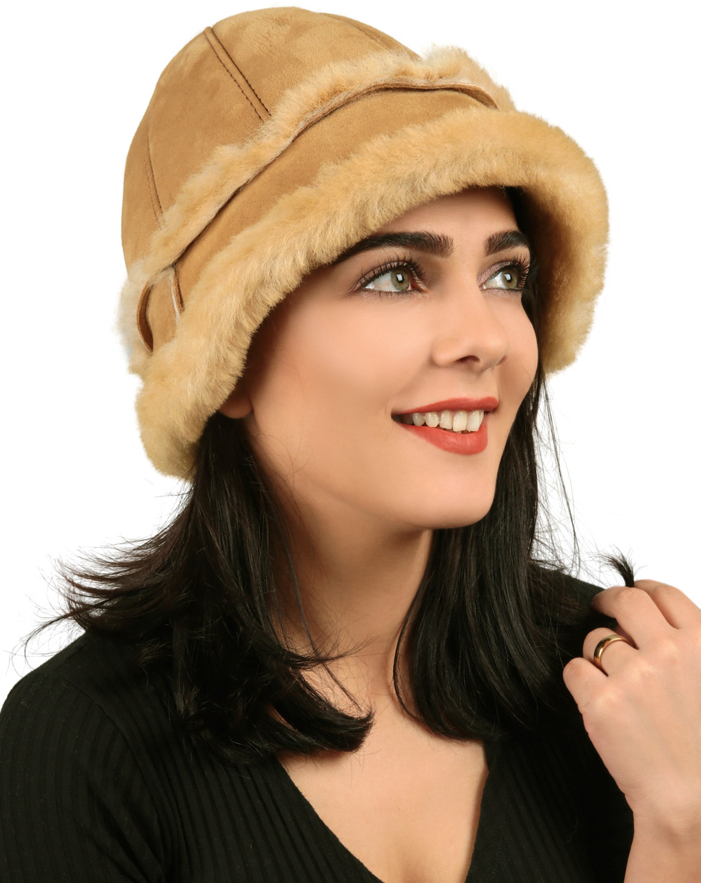 Genuine Shearling Sheepskin Women's Bucket Beanie Winter Fur Hat Tiping