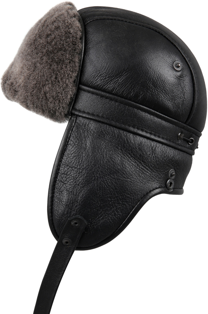 Genuine Black Shearling Sheepskin Fur Leather Ushanka Trapper Winter Hat