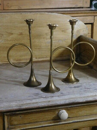 SET OF 3 VINTAGE BRASS BUGLE CANDLESTICKS