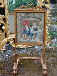 ANTIQUE FIRE SCREEN WITH TAPESTRY WOOLWORK PANEL