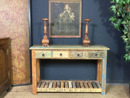 A GOOD DECORATIVE INDUSTRIAL PARTIALLY PAINTED CONSOLE SIDE TABLE