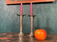A FINE PAIR OF NICELY AGED ANTIQUE SILVER PLATE EPERGNE CANDLESTICKS