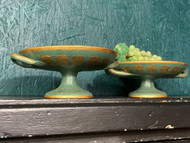 A CHARMING PAIR OF ANTIQUE HAND DECORATED TAZZAS OR COMPORTS