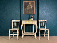 ANTIQUE PAINTED CONSOLE SIDE TABLE WITH CHAIRS & TOWEL RAIL
