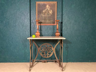 A FINE INDUSTRIAL ANTIQUE CAST IRON AND MARBLE CONSOLE OR SIDE TABLE