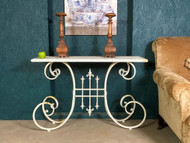 A FINE AND DECORATIVE VINTAGE WHITE SCROLL METAL CONSOLE OR SIDE TABLE 