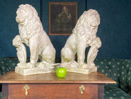 A CHARMING PAIR OF VINTAGE STONE EFFECT LION SCULPTURES
