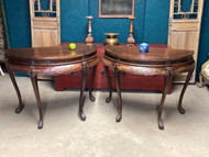 A FINE PAIR OF ANTIQUE CHINESE DEMI LUNE CONSOLES OR SIDE TABLES