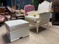 A FINE FRENCH CHATEAU ANTIQUE STYLED LOUIS ARMCHAIR WITH STOOL