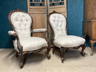 A FINE PAIR OF LADIES & GENTS VICTORIAN  ANTIQUE PARLOUR CHAIRS