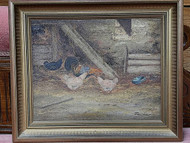 A CHARMING FRAMED OIL ON CANVAS PAINTING - HENS CHICKENS FEEDING