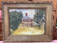 A CHARMING FRAMED FOLK ART OIL PAINTING ON BOARD - BRICK OR RED HOUSE