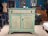 A FINE GENUINE DISTRESSED GREEN PAINTED ANTIQUE SIDE CABINET OR CUPBOARD