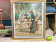 A CHARMING ANTIQUE OIL PAINTING ON CANVAS - FIGURES IN A PARK